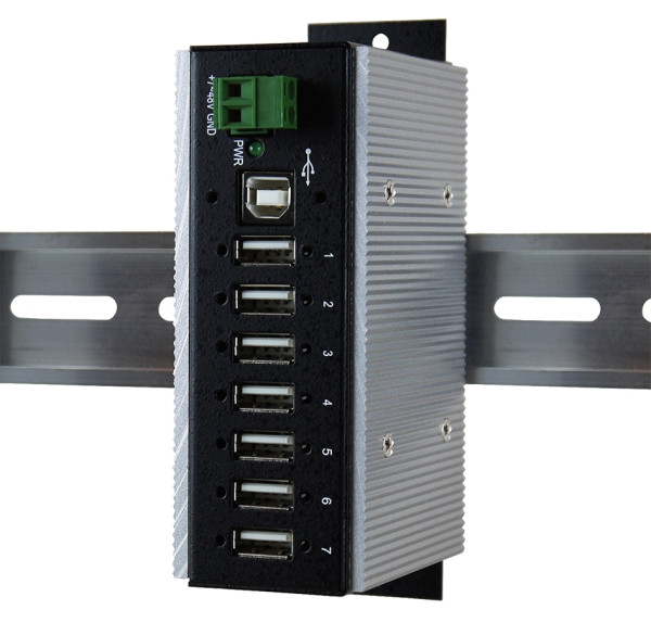 7-Port USB 2.0 Metall HUB (DIN-Rail), 15KV ESD Schutz, -40°C bis +85°C